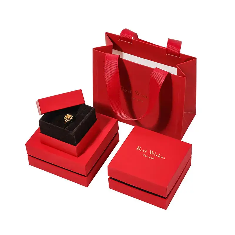 Classic red rigid two-piece jewelry boxes with custom logo branding and foam inserts