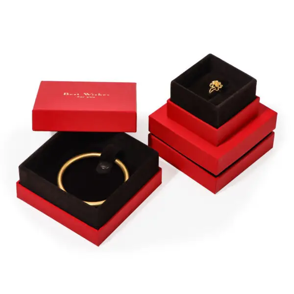 Classic red rigid two-piece jewelry boxes with custom logo branding and foam inserts