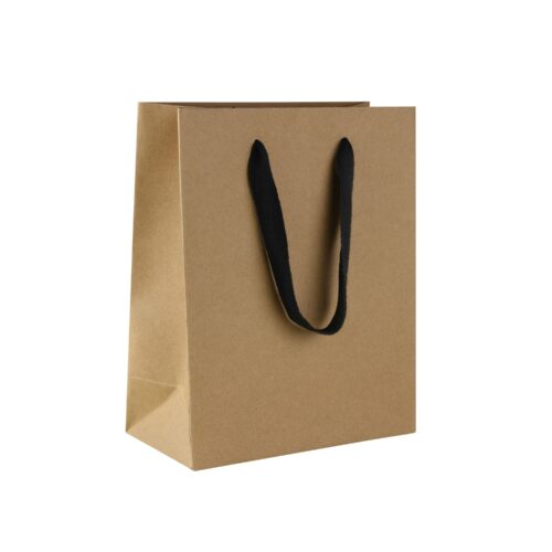 Custom ribbon handle gift bag in cub size with full-color logo branding and eco-friendly paper options