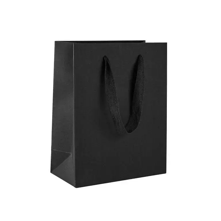 Custom ribbon handle gift bag in cub size with full-color logo branding and eco-friendly paper options