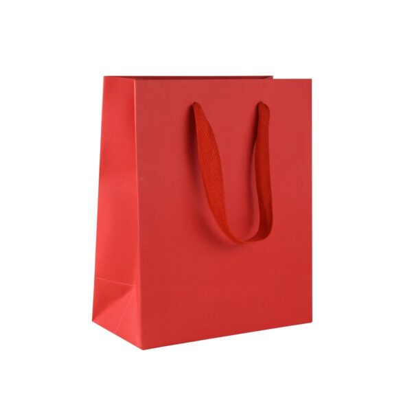 Custom ribbon handle gift bag in cub size with full-color logo branding and eco-friendly paper options
