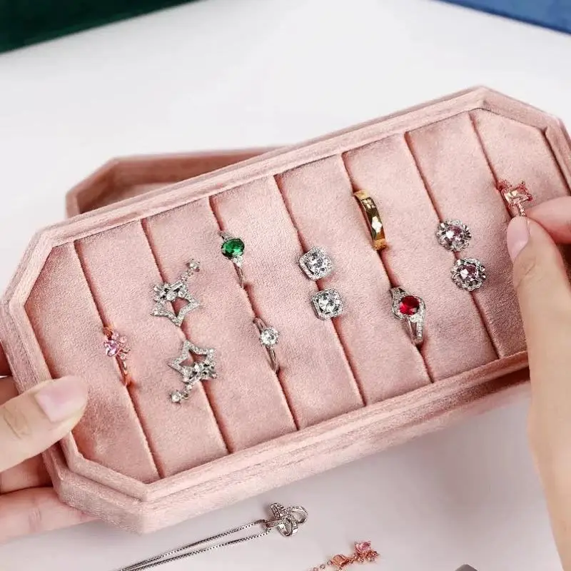 Premium flip-cover velvet ring display box with multiple compartments for jewelry storage and retail packaging