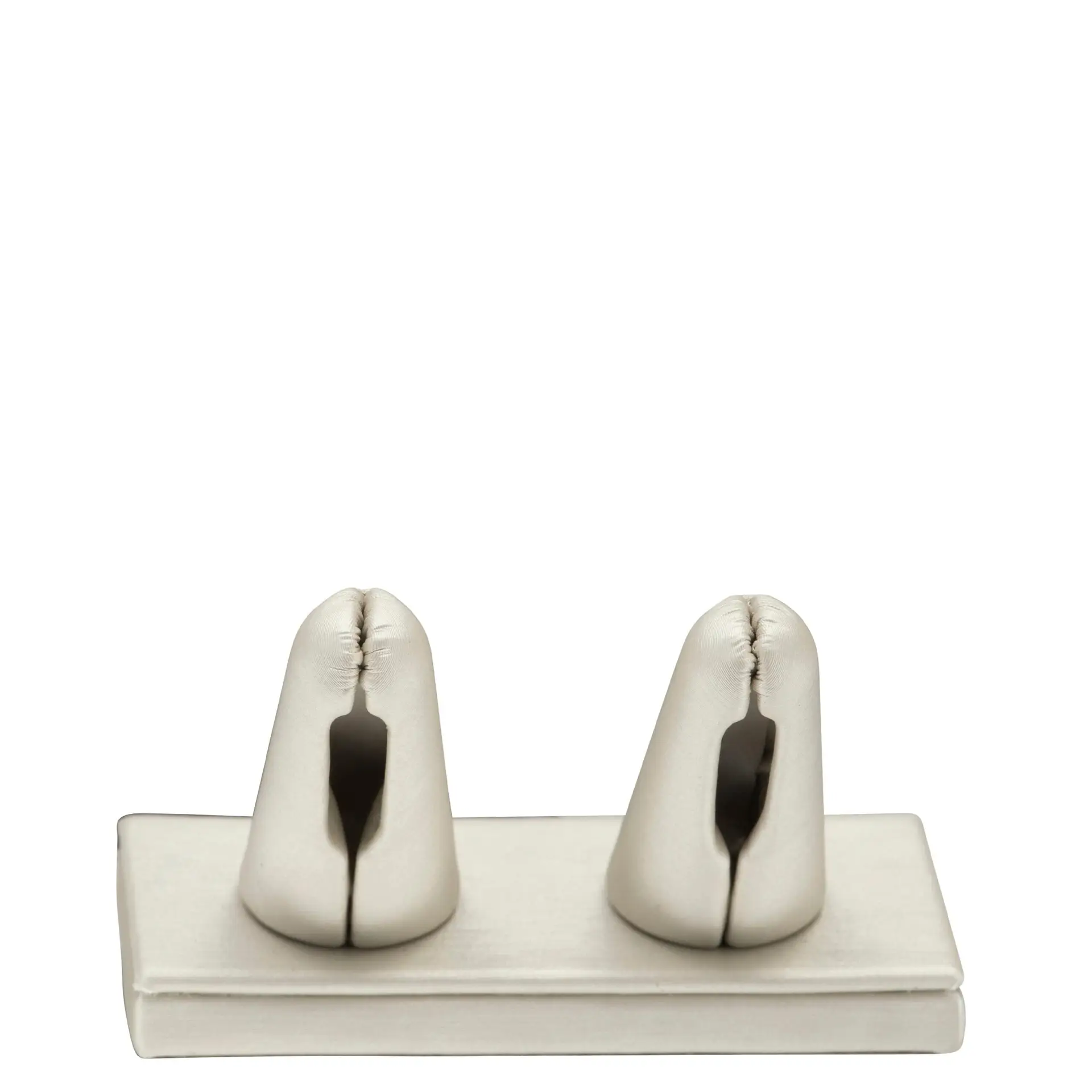 Custom double-finger ring display stand in white and rose gold, shown with product packaging
