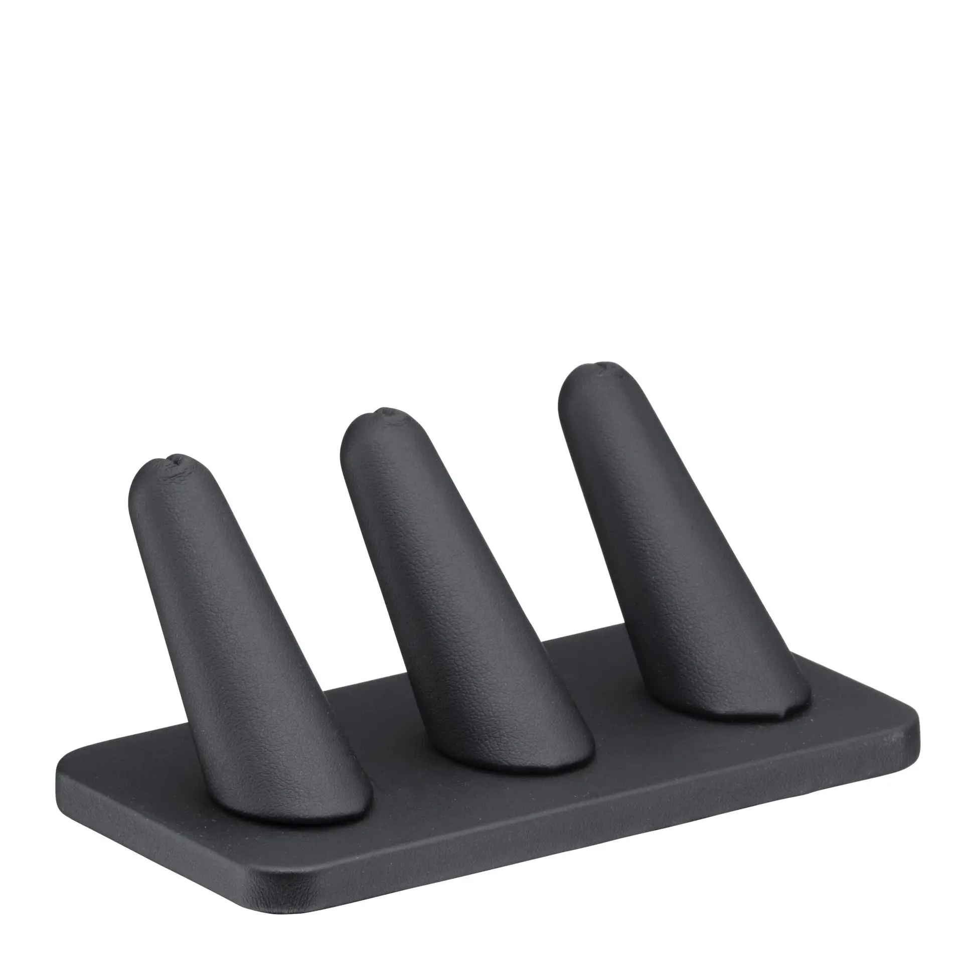 Leatherette 3-ring finger display stand with soft-touch finish and customizable branding for jewelry retail