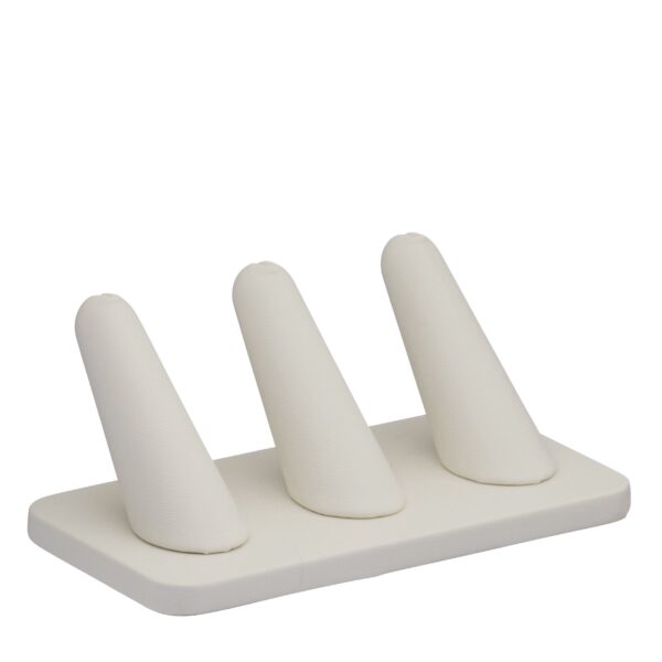 Leatherette 3-ring finger display stand with soft-touch finish and customizable branding for jewelry retail