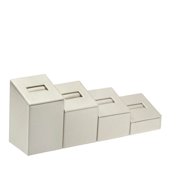 Linea custom ring display stand set with 4 slots in FSC wood and acrylic options, logo-branded for jewelry retailers