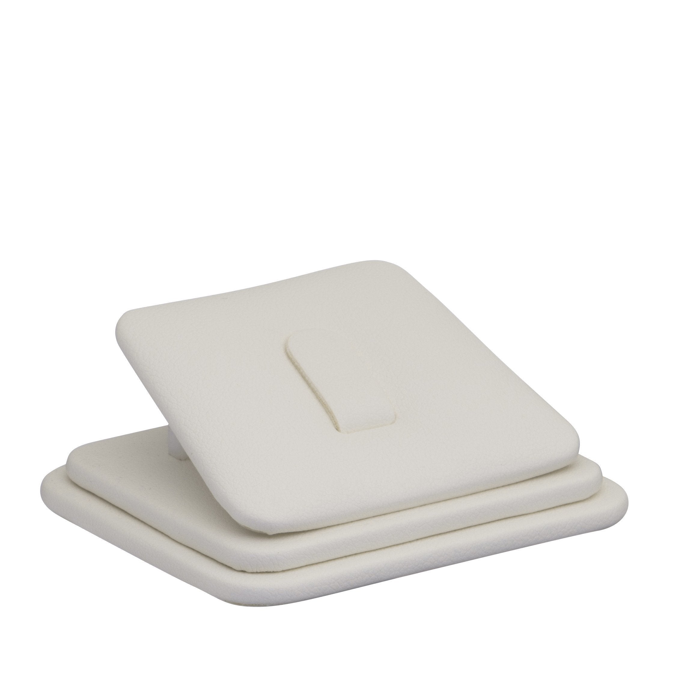 Custom leatherette ring display stand with metal clip holders, available in multiple colors with embossed logo branding