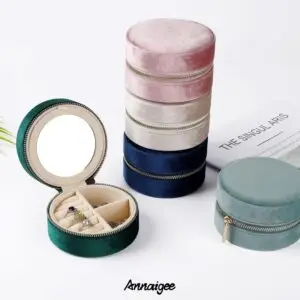Custom round double-layer travel jewelry case with velvet lining and embroidered branding for retail and bridesmaid gift packaging