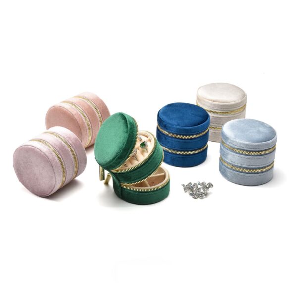 Custom round double-layer travel jewelry case with velvet lining and embroidered branding for retail and bridesmaid gift packaging