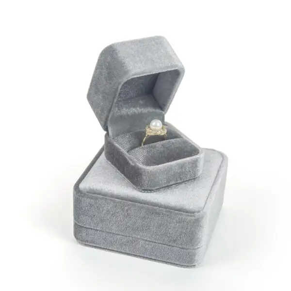 Custom round grey velvet jewelry box with flannelette interior and logo branding