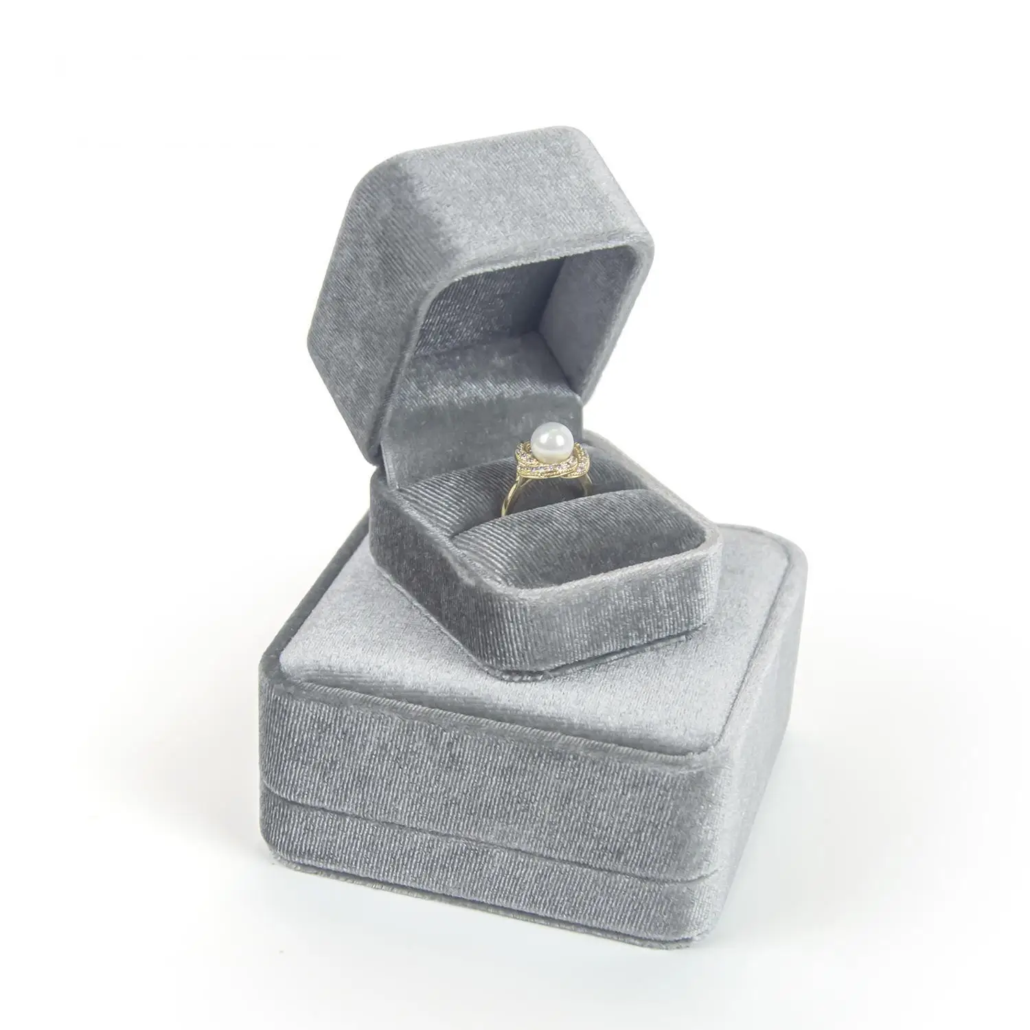 Custom round grey velvet jewelry box with flannelette interior and logo branding