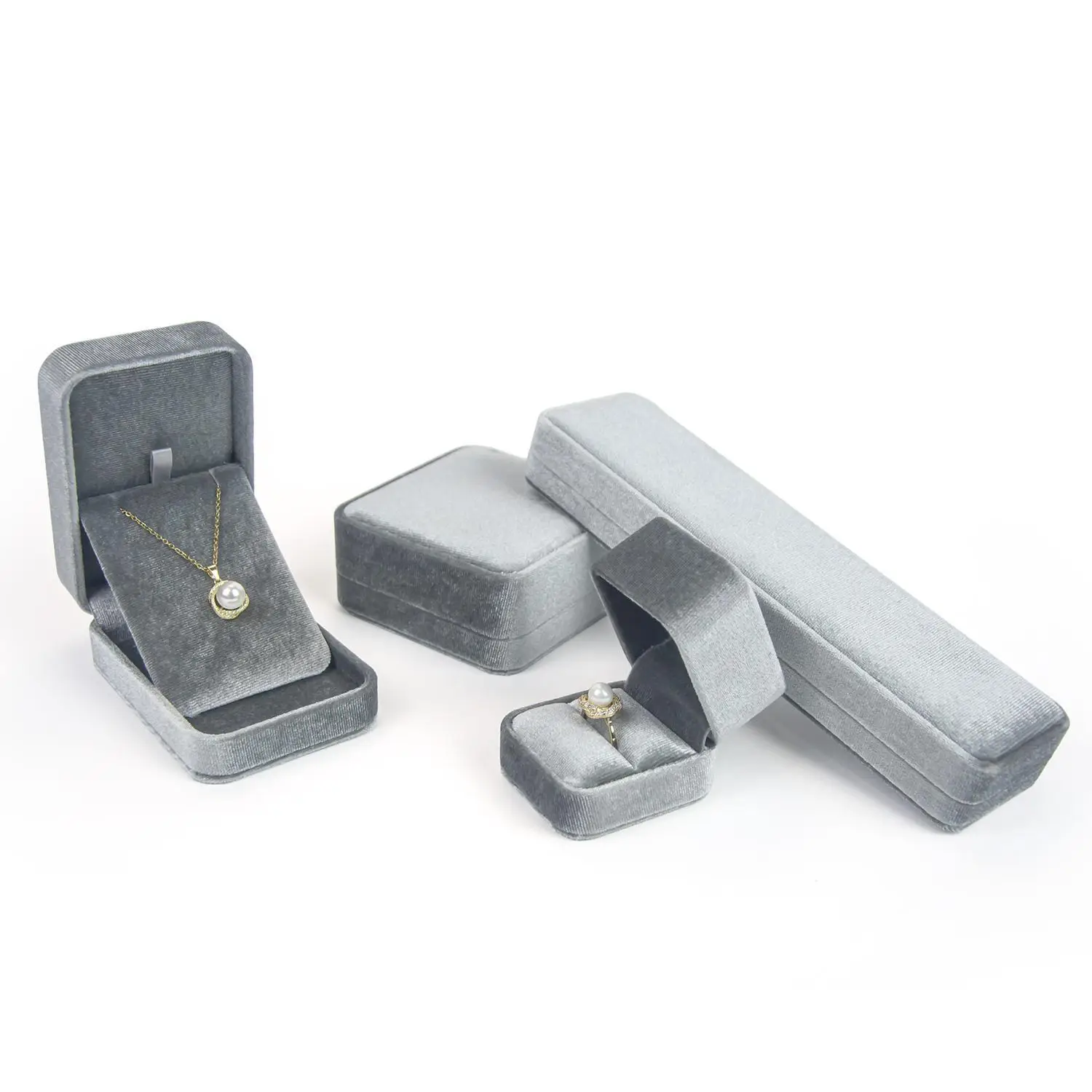 Custom round grey velvet jewelry box with flannelette interior and logo branding