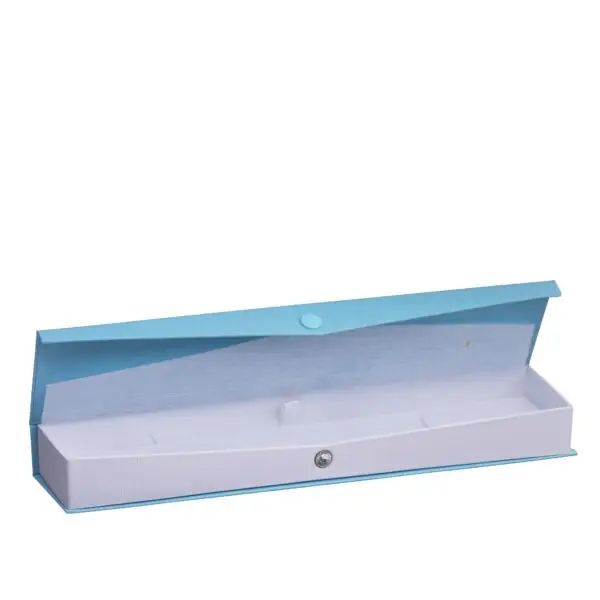Custom ribbed paper snap bracelet boxes with embossed logo and padded interior for jewelry retail.