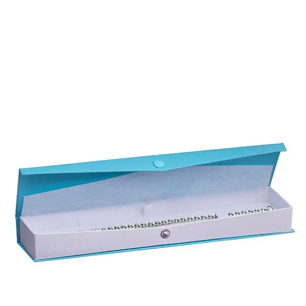 Custom ribbed paper snap bracelet boxes with embossed logo and padded interior for jewelry retail.