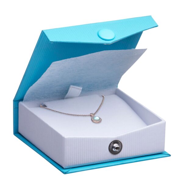Premium custom ribbed paper snap closure jewelry box with foam insert and branded exterior