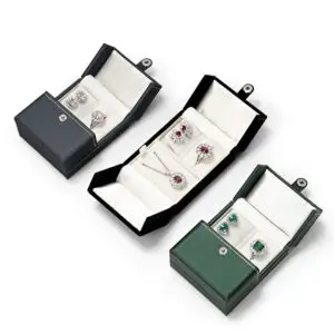 Custom snap-closure double-door rigid jewelry box with logo printing, foam insert, and branded tissue