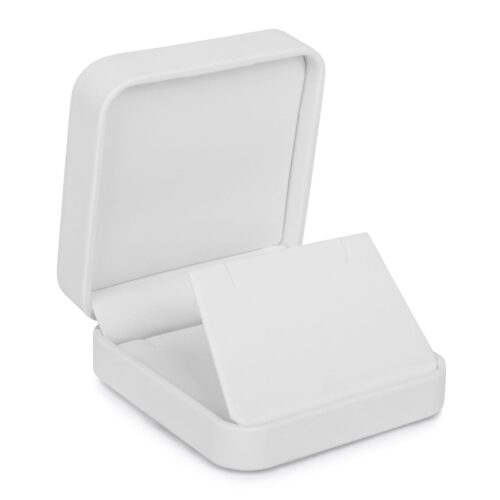 Soft leatherette custom jewelry box with embossed branding, luxury packaging for retail