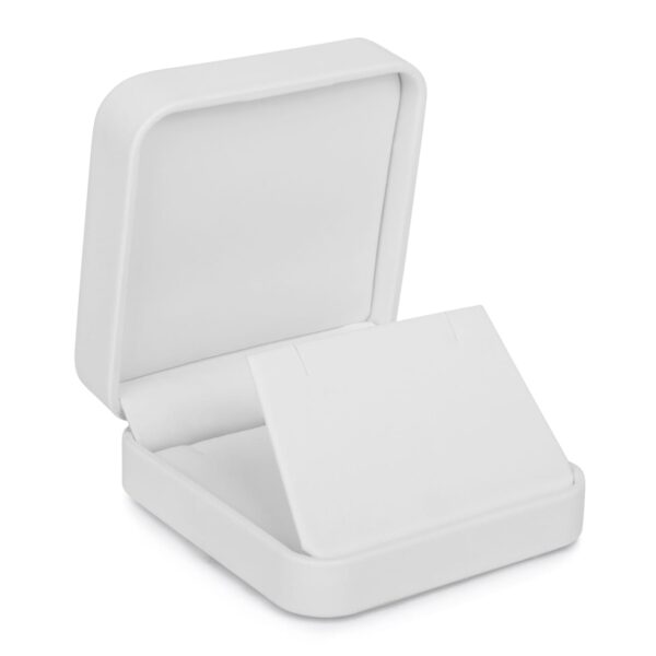 Soft leatherette custom jewelry box with embossed branding, luxury packaging for retail
