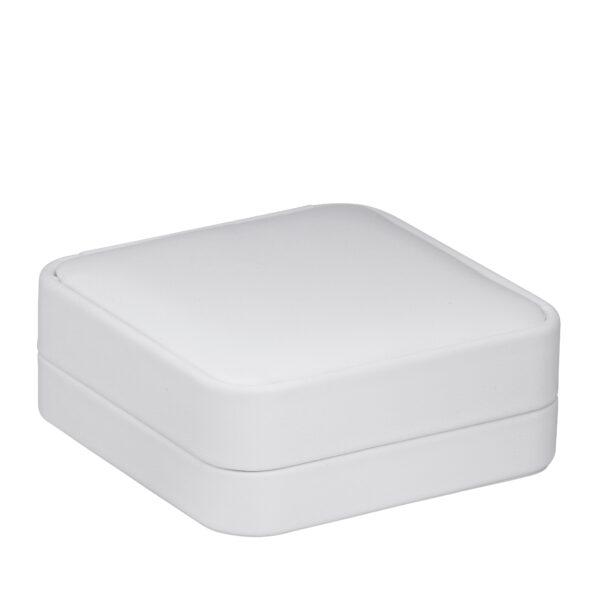 Soft leatherette custom jewelry box with embossed branding, luxury packaging for retail