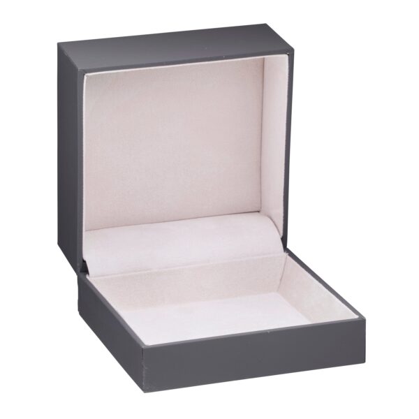 Premium soft-touch jewelry box with matching sleeve, flat pad interior, and custom branding options
