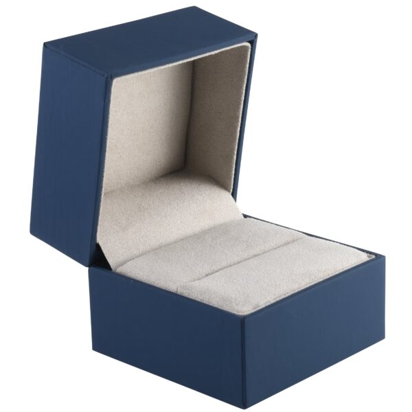 Premium soft-touch medium ring box with protective outer sleeve, custom logo branding, and velvet interior