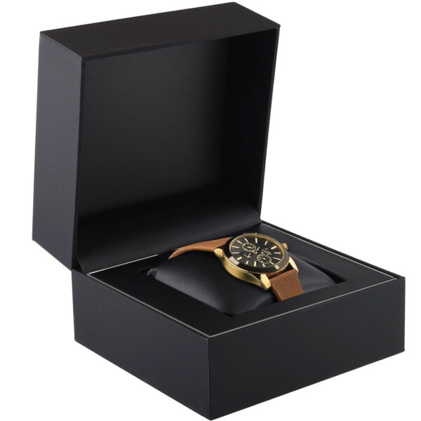 Premium soft touch paper watch box with custom logo printing, interior foam padding, and magnetic closure