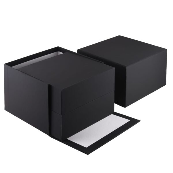 Premium soft touch paper watch box with custom logo printing, interior foam padding, and magnetic closure