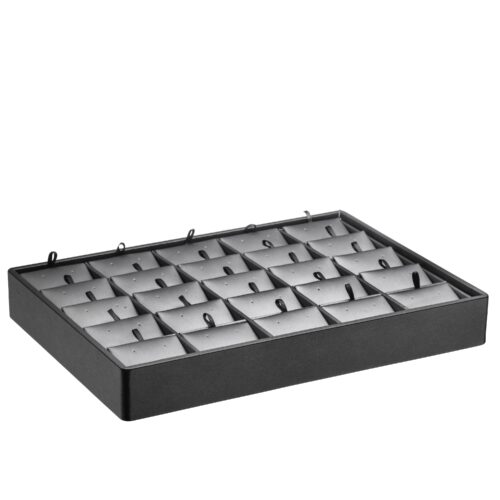 Premium leatherette stackable 25-earring display tray with custom branding, ideal for jewelry retail and e-commerce packaging