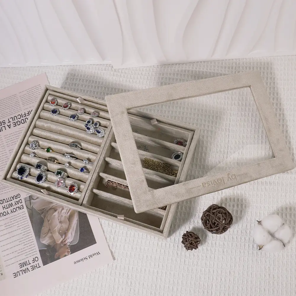 Stacking jewelry boxes with glass lids and anti-tarnish velvet lining—custom OEM packaging for brands
