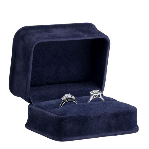 Custom luxury suede double ring box with embossed logo, premium foam insert for fine jewelry packaging