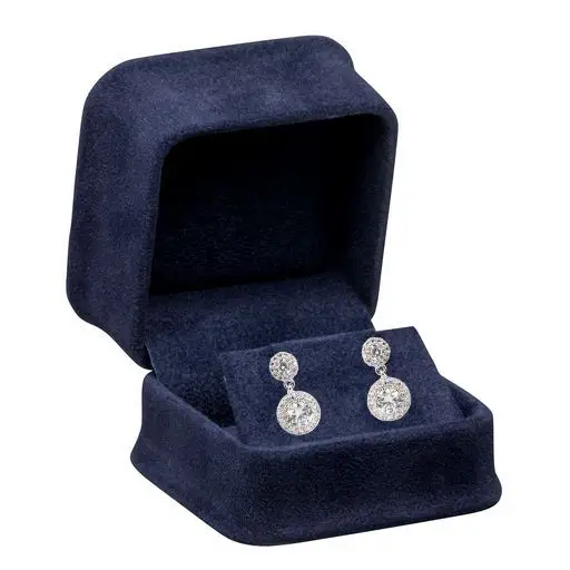 Custom luxury suede earring box with ornate embossed finish and custom branding, jewelry packaging for brands and retailers