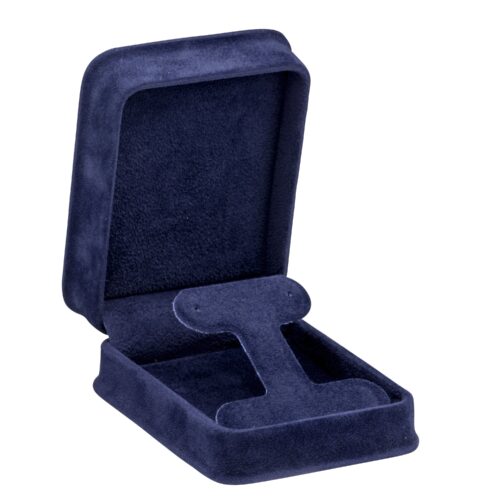 Custom suede T-style earring presentation box with ornate finish, customizable branding and luxury padding insert