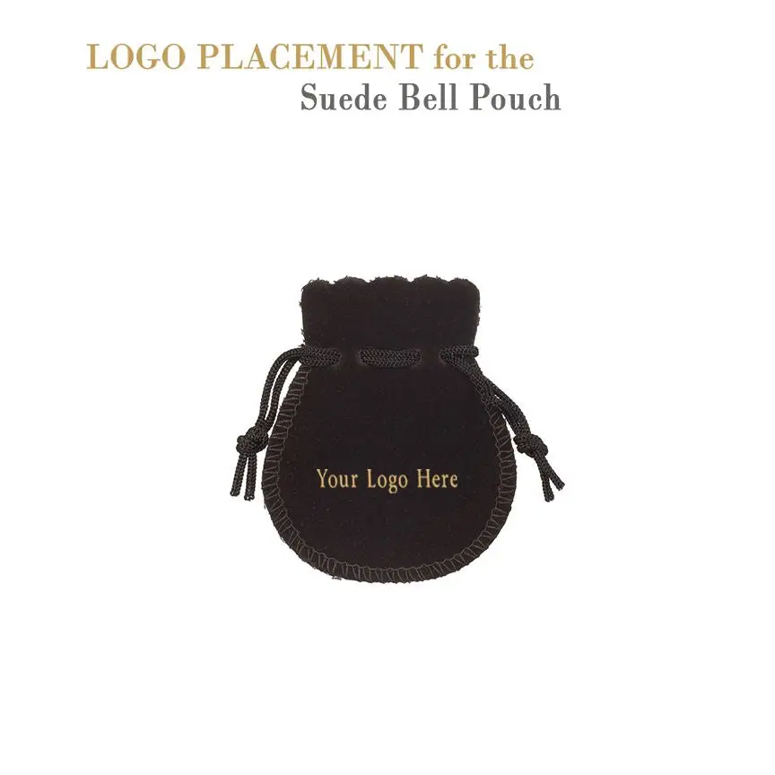 Luxury suede bell jewelry pouch in custom colors with personalized logo branding, silk lining, and drawstring closure