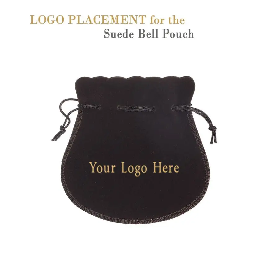 Premium suede bell jewelry pouch in luxury cream and black options with drawstring closure, custom branding ready