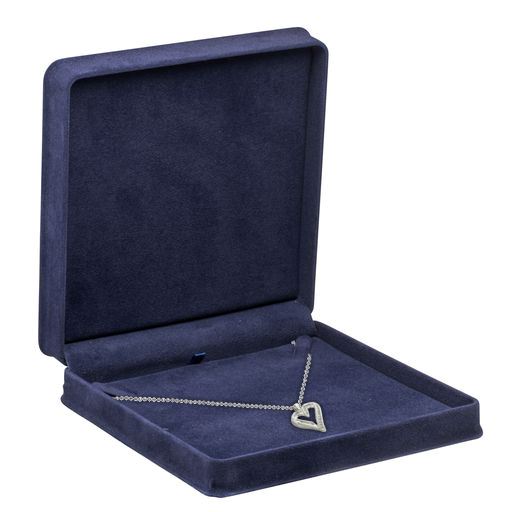 Luxury suede necklace presentation box with custom foam insert and embossed logo branding