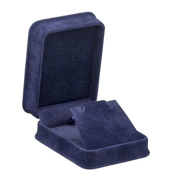 Custom Suede Pendant & Earring Display Box – Ornate Collection Custom suede-lined pendant and earring display box with ornate embossed logo and ornate finishes