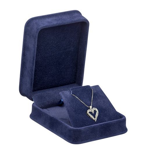 Custom Suede Pendant & Earring Display Box – Ornate Collection Custom suede-lined pendant and earring display box with ornate embossed logo and ornate finishes