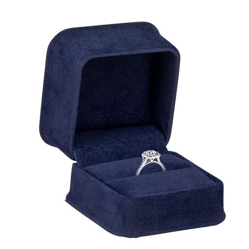 Premium Suede Ring Box – Custom Ornate Collection Luxury custom suede ring box with embossed logo, ornate branding, protective foam insert for engagement rings