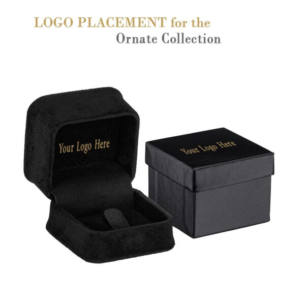 Premium suede ring clip box with ornate interior, magnetic closure, and custom logo embossing for jewelry brands