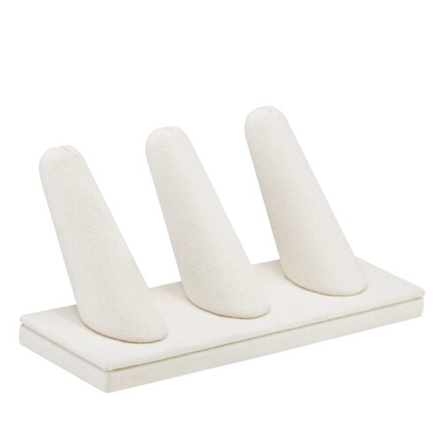 Premium suede ring display stand with three padded finger holders showcasing rings, custom logo branding available