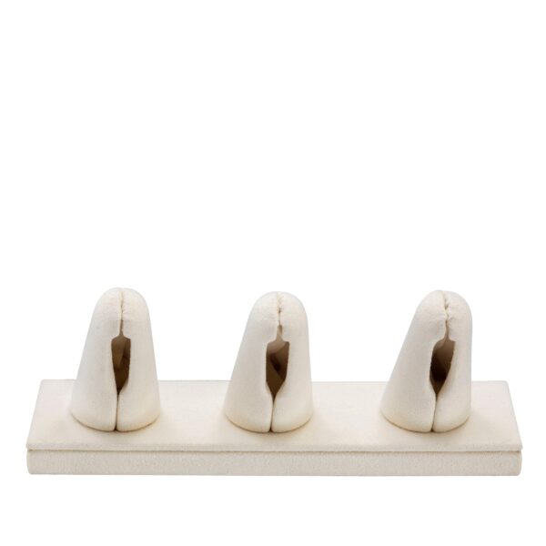 Premium suede ring display stand with three padded finger holders showcasing rings, custom logo branding available
