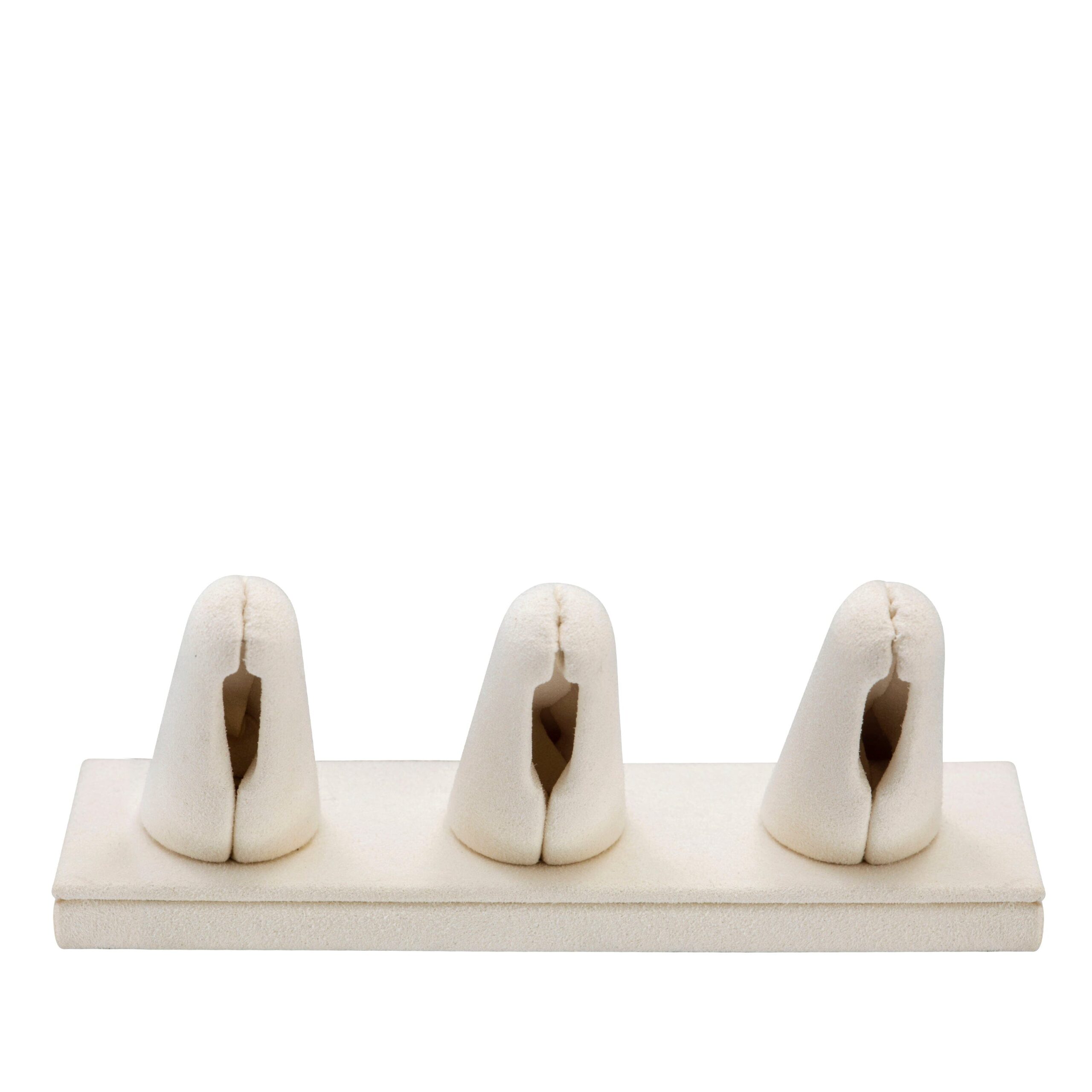 Premium suede ring display stand with three padded finger holders showcasing rings, custom logo branding available