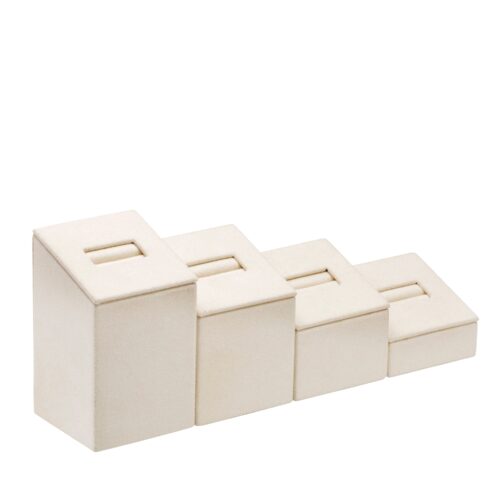 Set of 4 custom suede ring display stands with embossed logo and velvet-lined ring slots for retail jewelry packaging