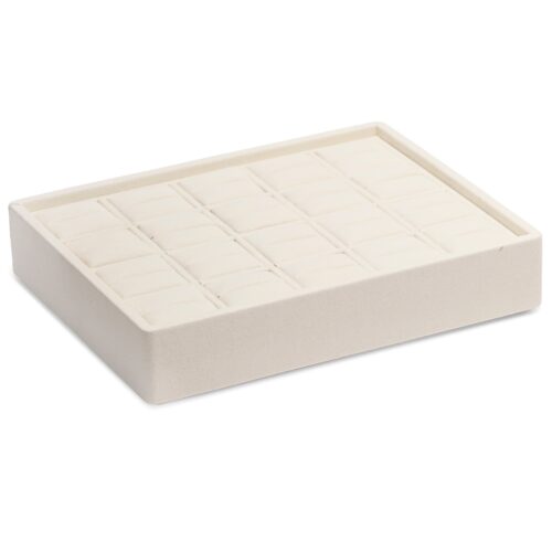 Suede Stackable Ring Tray with 20 Slots – Custom Jewelry Display Suede stackable ring display tray with 20 velvet slots, shown in natural color with sample rings displayed