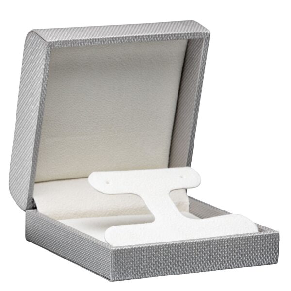 Large T-style earring box with contemporary weave texture, custom OEM jewelry packaging for retail display and gifting