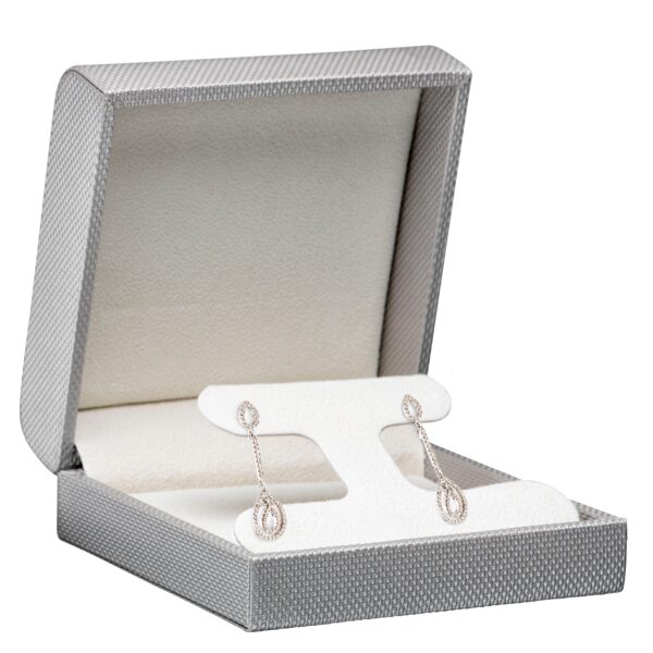 Large T-style earring box with contemporary weave texture, custom OEM jewelry packaging for retail display and gifting