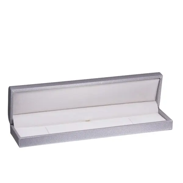 Weave-textured rigid bracelet box with custom closure and interior velvet padding, customizable jewelry packaging