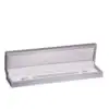 Weave-textured rigid bracelet box with custom closure and interior velvet padding, customizable jewelry packaging
