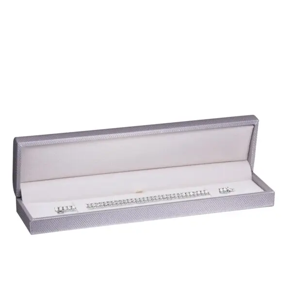 Weave-textured rigid bracelet box with custom closure and interior velvet padding, customizable jewelry packaging