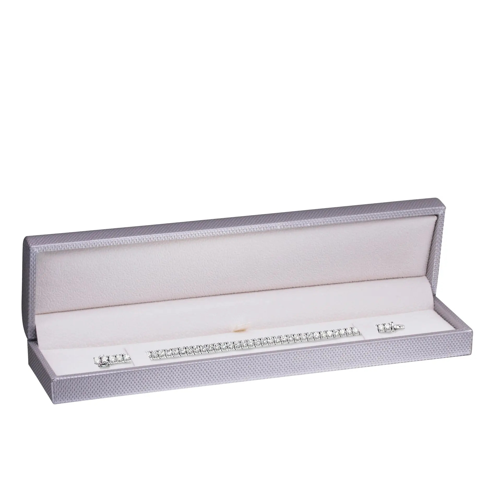 Weave-textured rigid bracelet box with custom closure and interior velvet padding, customizable jewelry packaging